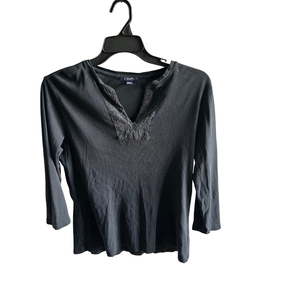 Chaps Womens Large Black 100% Cotton 3/4 Sleeve Eyelet Trim Split Neck Top L